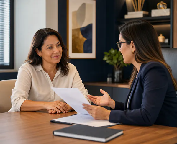 Advogada orientando cliente em atendimento trabalhista